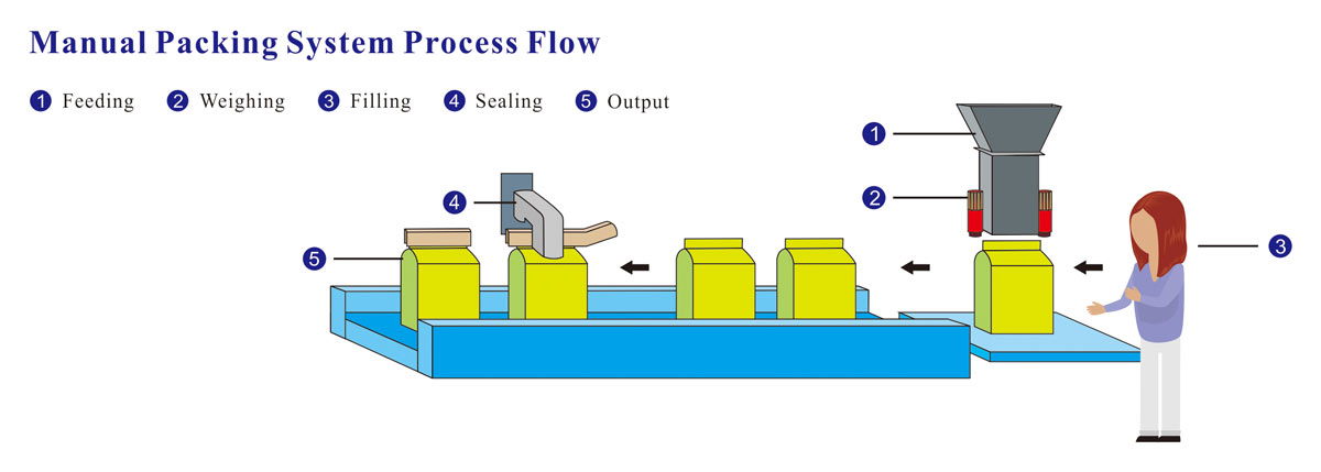Système de pesage semi-automatique avec peseuse linéaire pour poudre d'emballage, granulés Exemple de processus Semi Automatic Weighing System with linear weigher machine for packaging powder,granules Process example