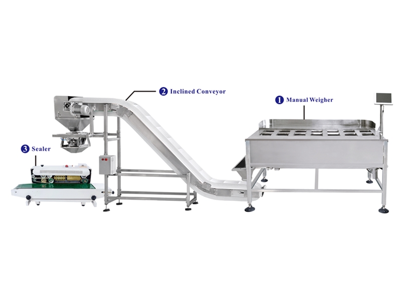 Sistema de pesaje y envasado mediante pesadora manual de 14 cabezales Weighing and packaging system by 14 head manual weigher